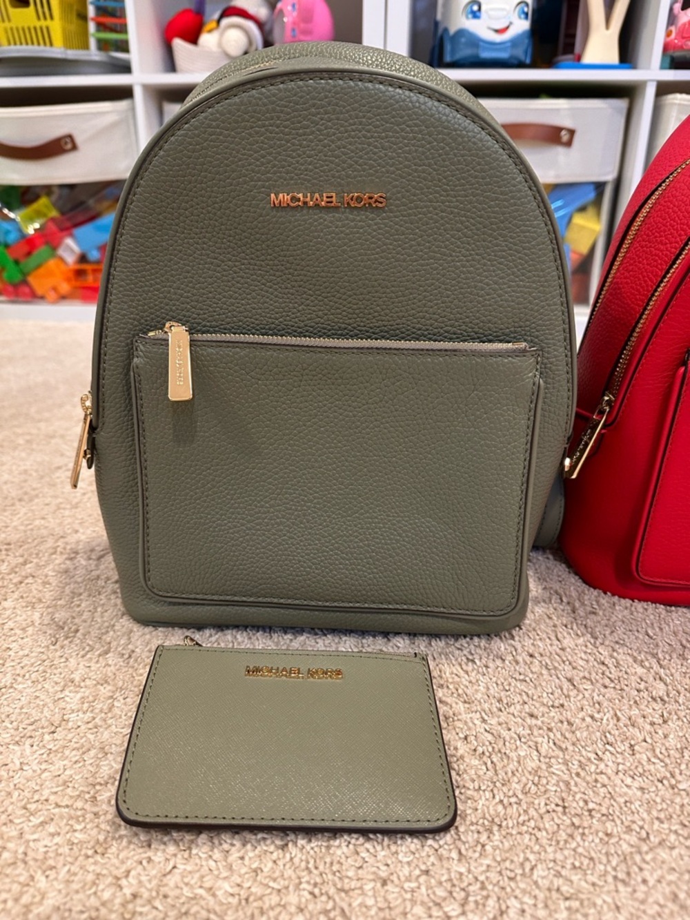 Michael Kors Olive Green Pebbled Leather Mini Backpack with Card Case